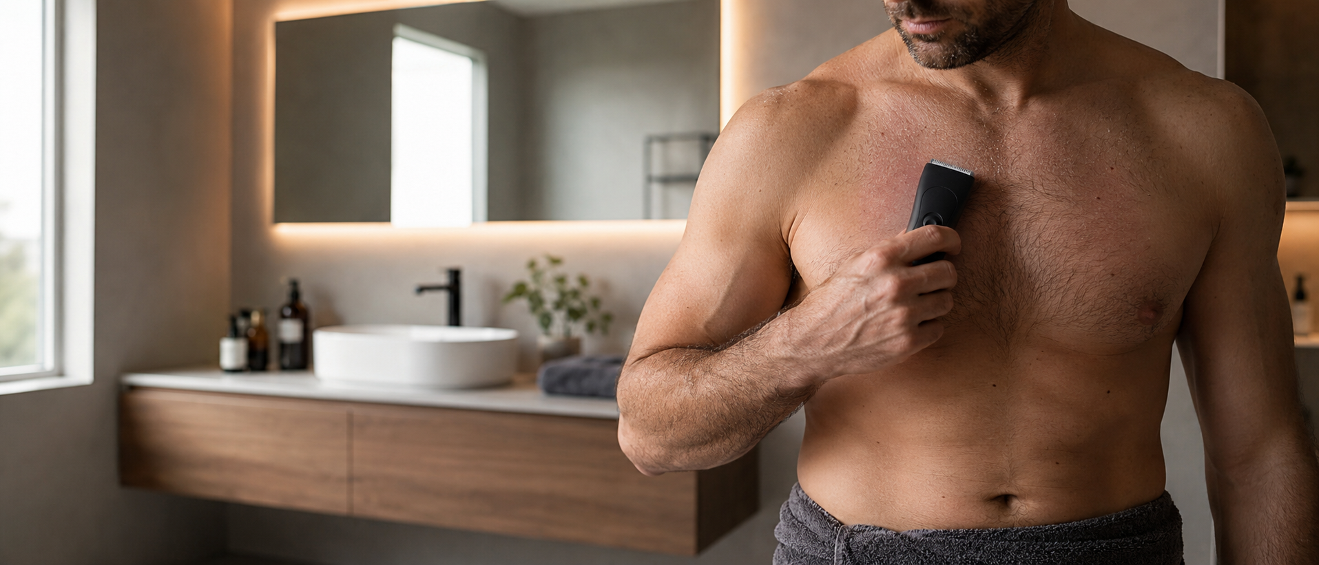 Man shaving his chest in a bathroom